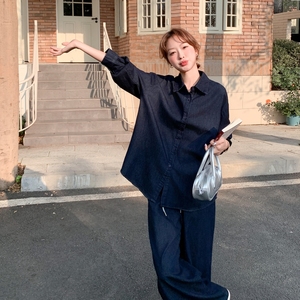 深蓝色复古牛仔衬衫小背心阔腿裤三件套女2025夏季新款轻薄休闲潮图片