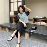 宽松中式牛仔马甲长裙夏季2025新款休闲直筒T恤裙百搭，女装连衣裙，浙宝157（原165A）