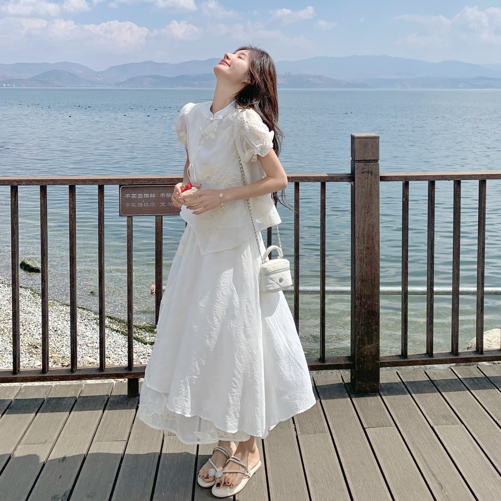 夏日清冷感新中式套装2025超火新款白色国风衬衫a字半身裙两件套，女装套装/套裙，浙宝157（原165A）