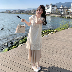 新中式国风连衣裙两件套女夏新款刺绣休闲国风穿搭罩衫吊带裙套装图片