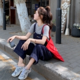 蓝色学院风工装牛仔背带裤套装女夏季新款休闲显瘦条纹T恤两件套，女装套装/套裙，浙宝157（原165A）