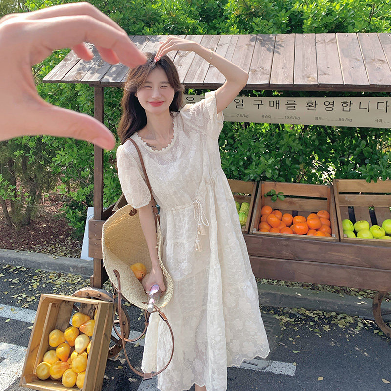 法式泡泡袖白色连衣裙女2025夏季新款设计感气质温柔风蕾丝仙女裙,女装连衣裙,浙宝157（原165A）
