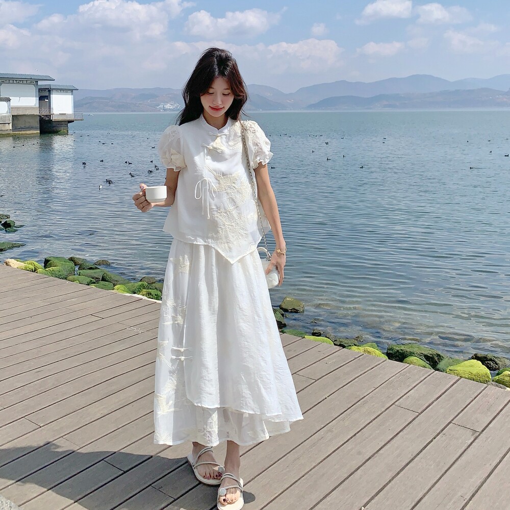 夏款新趋势无袖吊带仙女裙2025新款新中式拼接提花衬衫半裙套装,女装套装/套裙,浙宝157（原165A）
