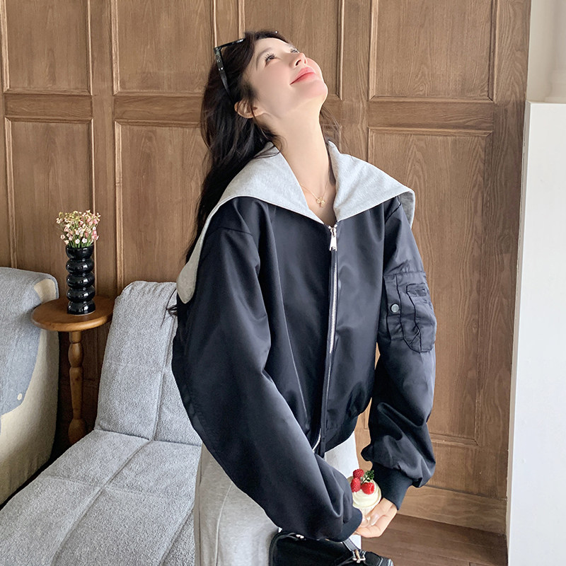黑色大翻领棒球服外套女2025春季新款韩版小个子休闲宽松夹克上衣,女装短外套,浙宝157（原165A）