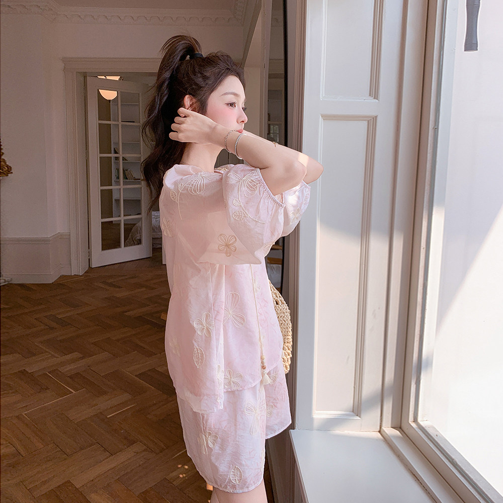 新中式国风甜美刺绣防晒上衣套装女2025夏季新款显瘦短裤子两件套图片