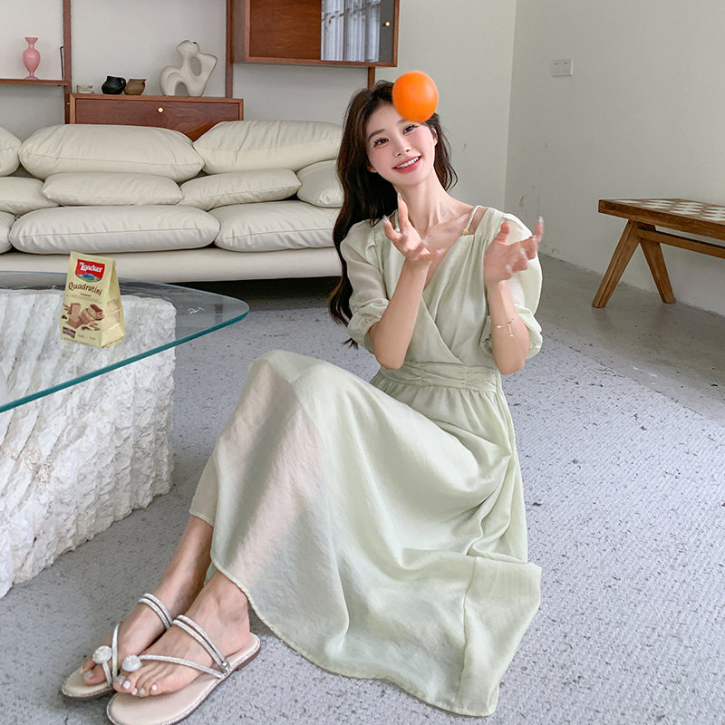 绿色法式超好看连衣裙女夏季2025年新款气质显瘦高级感收腰茶歇裙,女装连衣裙,浙宝157（原165A）