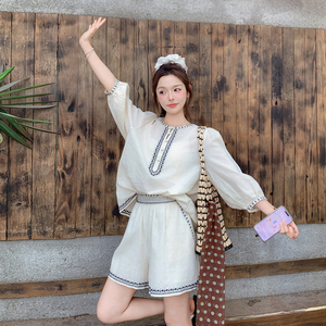波西米亚风松弛感两件套女2025夏季新款超好看休闲小个子衬衫短裤图片