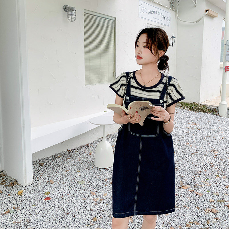 学院风牛仔连衣裙女夏薄款2025年新款背带裙内搭条纹上衣,女装连衣裙,浙宝157（原165A）