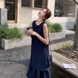 深蓝色气质假两件连衣裙女2025夏季新款韩系休闲设计感背心长裙子，女装连衣裙，浙宝157（原165A）