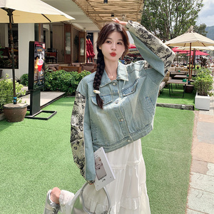 高级感拼接牛仔外套女2025春秋新款洋气炸街休闲小个子国风夹克潮图片