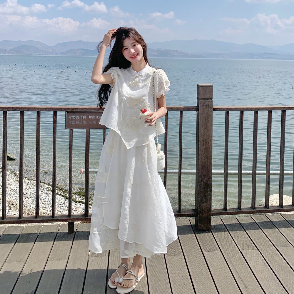 新中式国风提花泡泡袖上衣套装女夏白色小香风高级感半身裙两件套,女装套装/套裙,浙宝157（原165A）