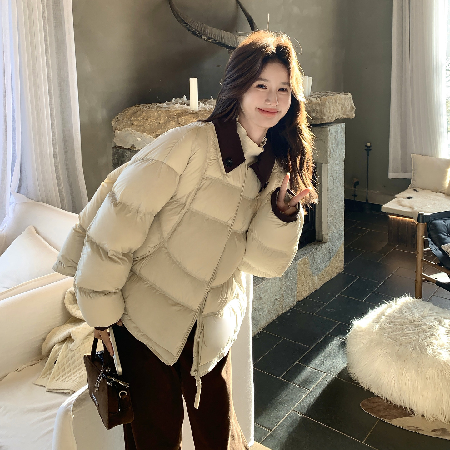 【现货】90白鸭绒撞色翻领泡芙羽绒服157-2299-P325K488，女装羽绒服，浙宝157（原165A）