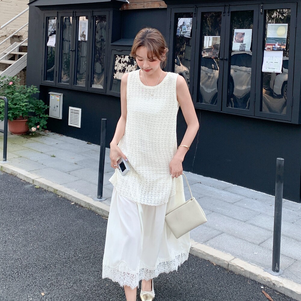 法式白色镂空假两件连衣裙女夏季2025新款超好看蕾丝花边背心长裙,女装连衣裙,浙宝157（原165A）