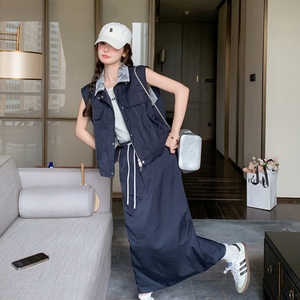 藏青色工装风马甲套装裙女2025夏韩系蕾丝拼接上衣减龄半身裙套装