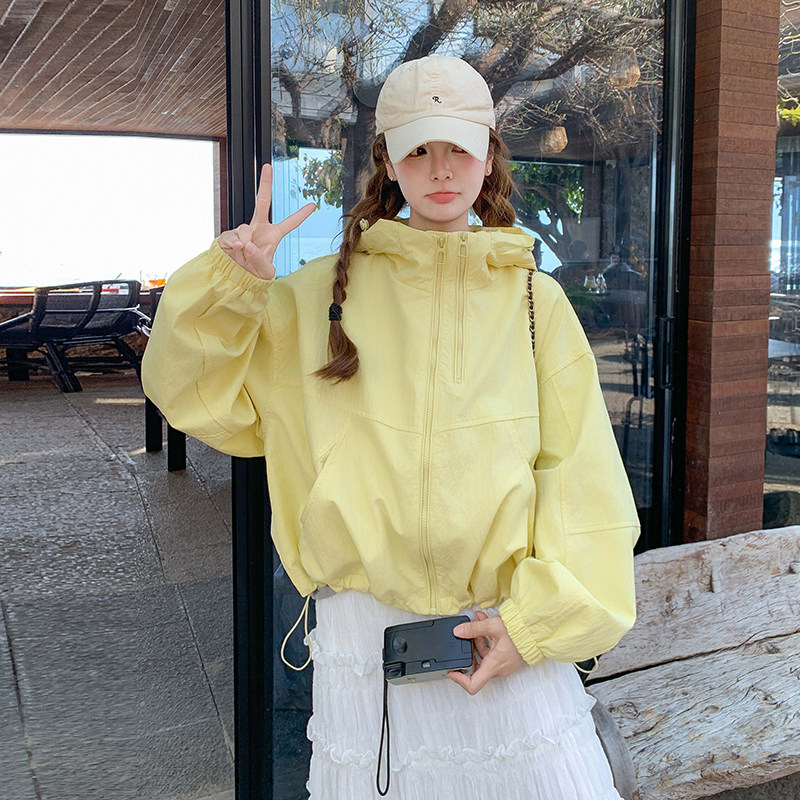 黄色连帽冲锋衣外套女2025春季新款韩系超好看减龄小个子休闲夹克,女装短外套,浙宝157（原165A）