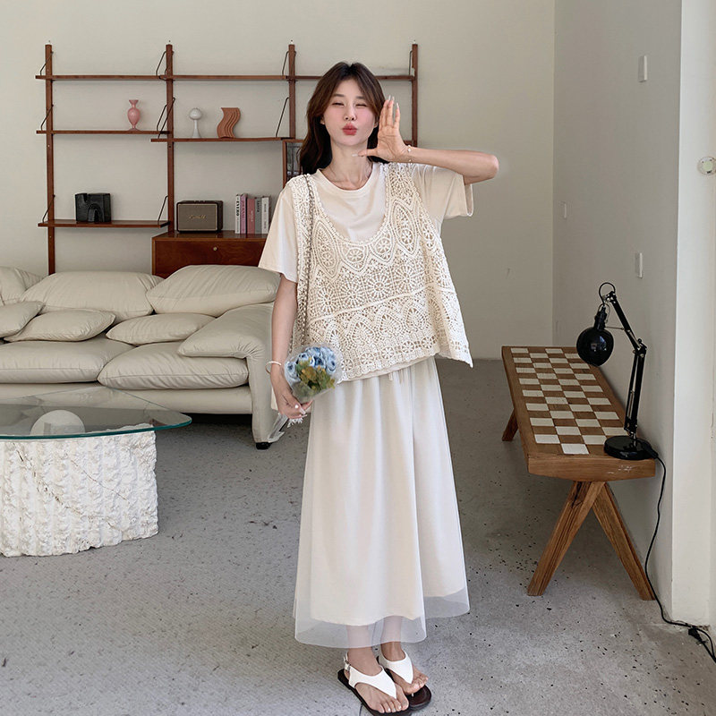 小众不撞款套装半身裙2025新款女夏时尚高级感镂空上衣T恤三件套,女装套装/套裙,浙宝157（原165A）