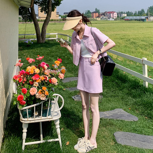 粉紫色时尚工装套装裙女2025年夏季新款小个子短袖衬衫短裙两件套图片