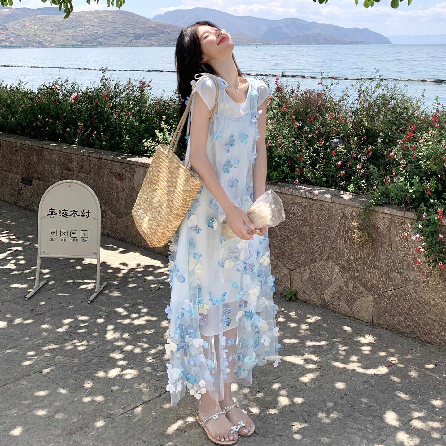 法式绝美立体花朵连衣裙套装女2025夏季新款超好看海边度假风长裙,女装连衣裙,浙宝157（原165A）