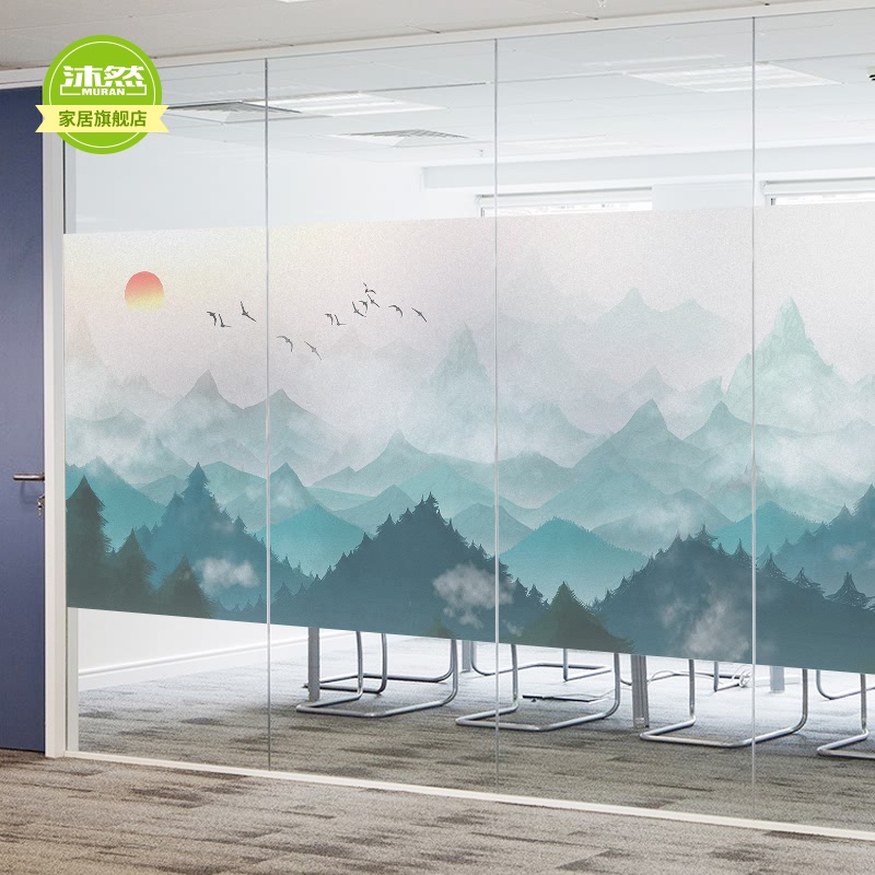 自粘山水画中式玻璃贴纸窗花纸卫生间防晒贴膜装饰遮光防窥视贴膜图片