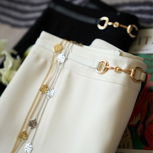 英国george melis新款腰头马蹄扣工字褶中长款a字半裙优雅高腰大