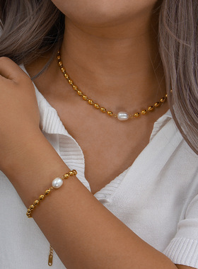 英国george melis欧美ins金属嘻哈时尚百搭椭圆钢珠珍珠手链项链