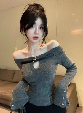 英国George Melis辣妹一字肩灰色毛衣针织衫女春秋设计感内搭