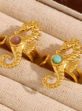 英国george melis欧美时尚个性小众手镀18k金海马红宝石开口戒