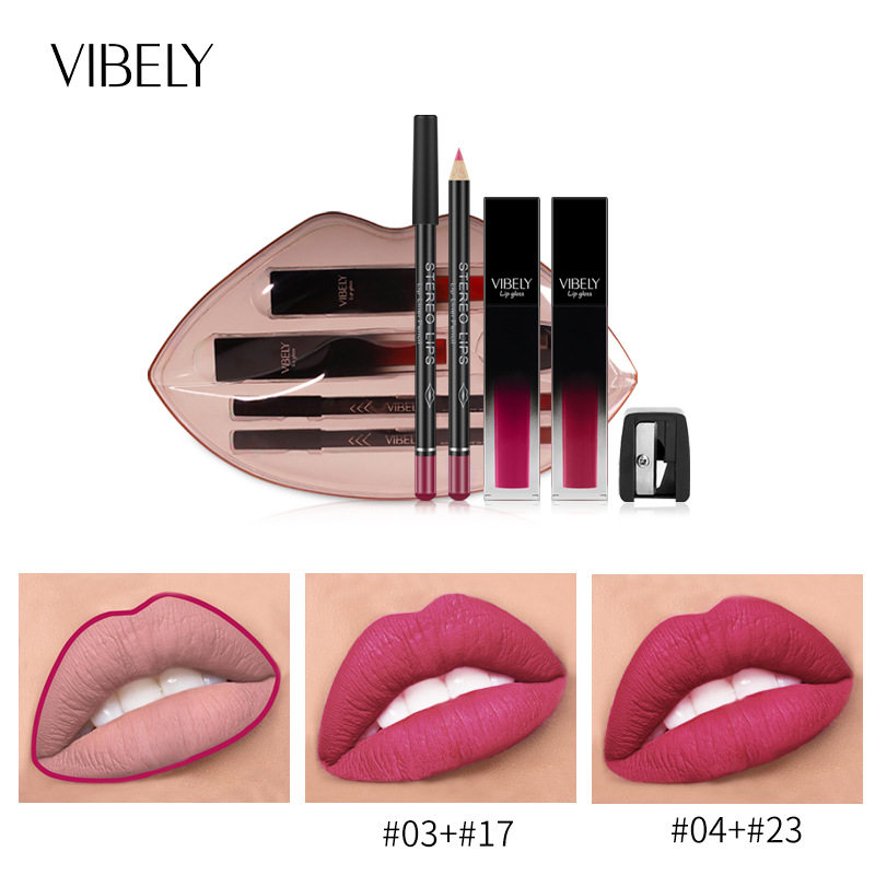 vibely雾面哑光裸色唇线笔唇彩套装不沾杯不掉色液体唇釉出口