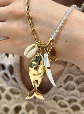 英国george melis海滩鱼贝壳辣椒ins高级感锁骨链珍珠海星18k钛