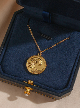 英国george melis欧美电镀18k金色海浪浮雕立体圆形金币项链女