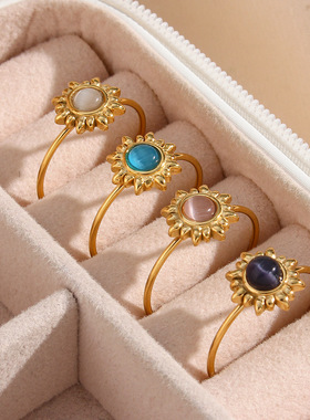 英国george melis欧美时尚复古黑色玛瑙可调节猫眼石小太阳戒指