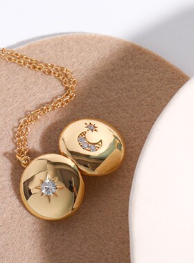 英国george melis日月双面相册项链相盒项链铜镀毛衣链开合项链