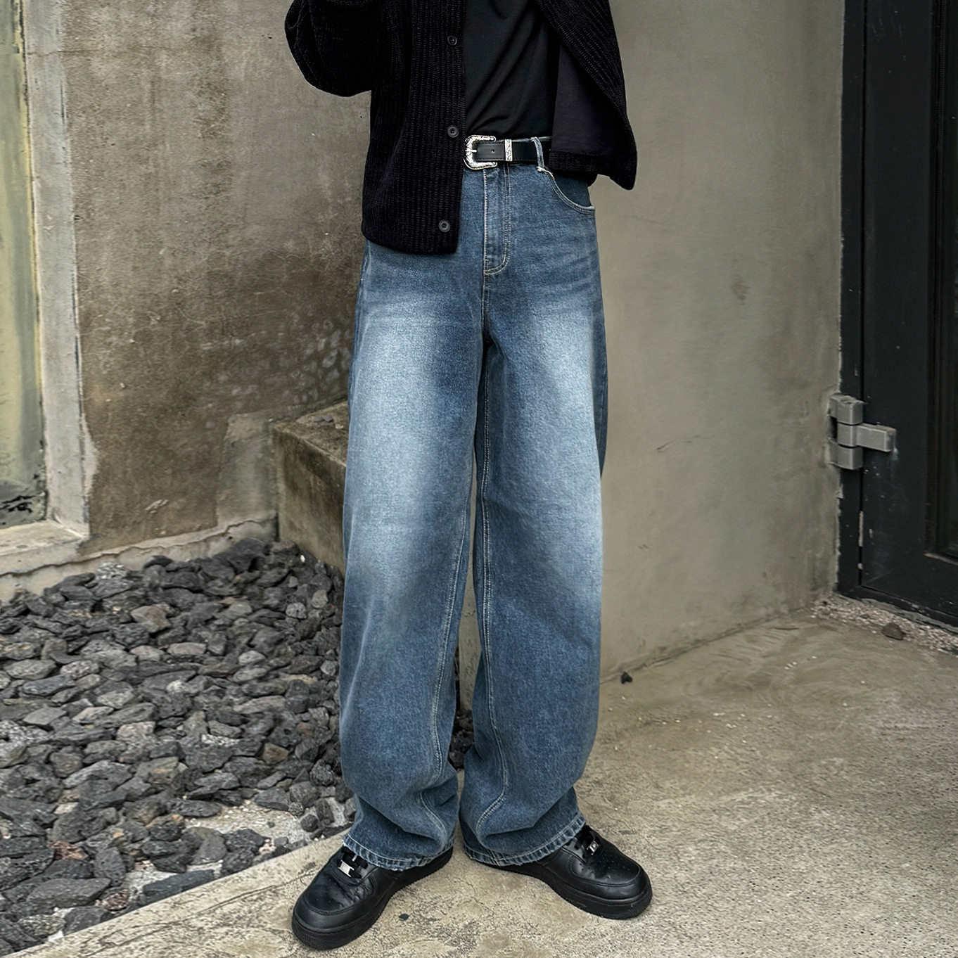 英国george melis复古牛仔裤男秋季宽松cleanfit直筒长裤子韩系