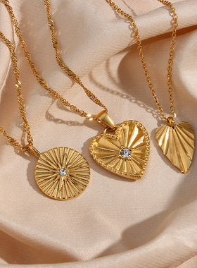 英国george melis欧美时尚流行镶锆圆牌项坠镀18k树叶纹路爱心