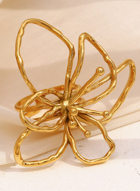 英国george melis欧美时尚简约个性手饰镀18k金线条花朵开口戒指