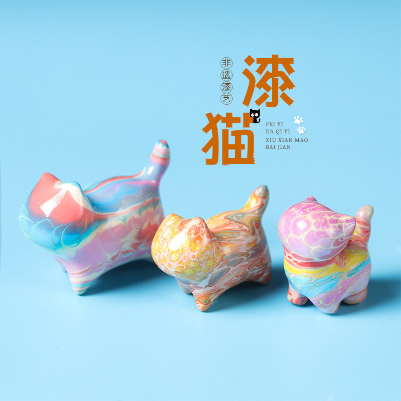 日系设计师topwhit漂漆猫手工木质桌面摆件休闲小奶猫傲娇可爱小