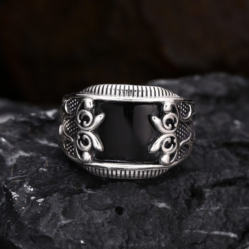 英国设计师topwhit925银戒指 黑玛瑙藤花戒指 指环开口 泰银复古