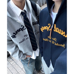 英国george melis字母刺绣连帽开衫卫衣男士秋季宽松百搭外套