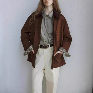 英国george melis撞色领麂皮休闲夹克拼接外套复古宽松双口袋