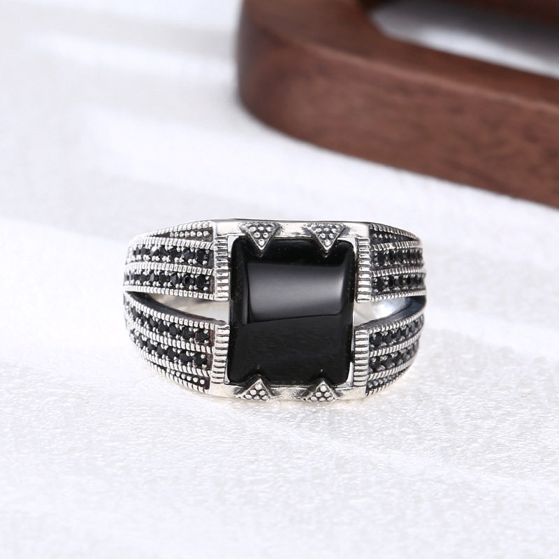 英国设计师topwhit925银戒指 方糖黑玛瑙戒指 开口 泰银复古潮流