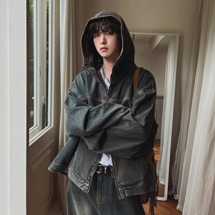 英国george melis秋季复古做旧牛仔套装男士宽松连帽夹克潮流