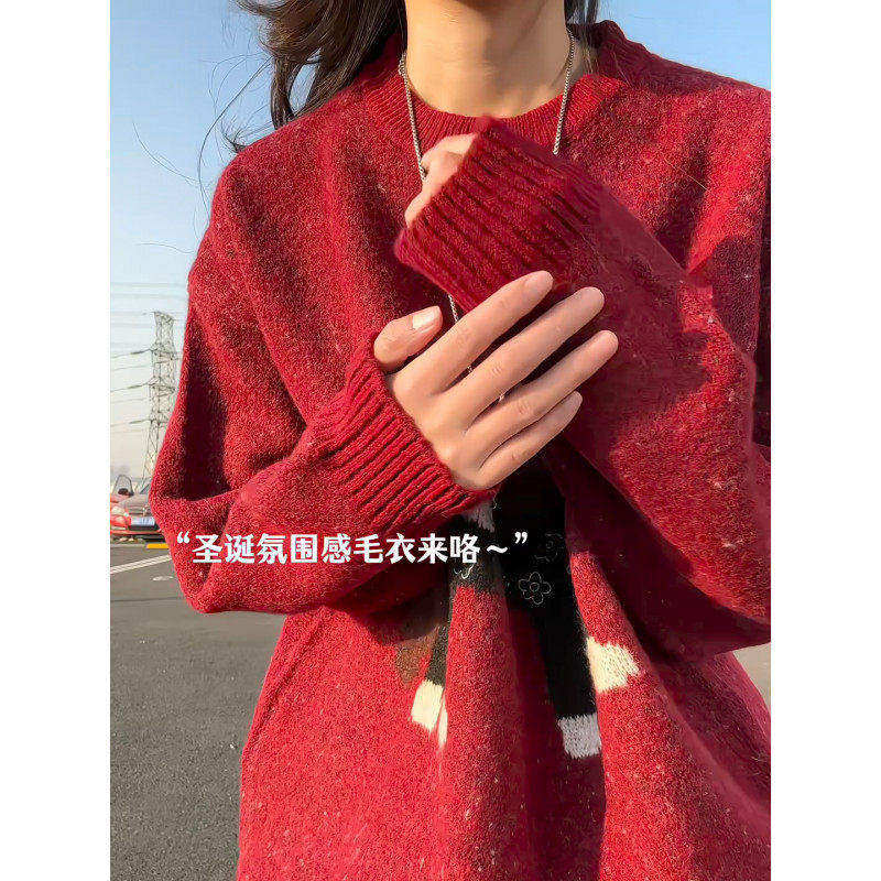 红色新年刺绣圆领复古毛衣秋冬男高级感松弛感宽松慵懒卡通针织衫