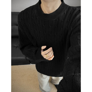 慵懒cleanfit美式黑色麻花毛衣男款冬季圆领内搭打底衫针织衫外套