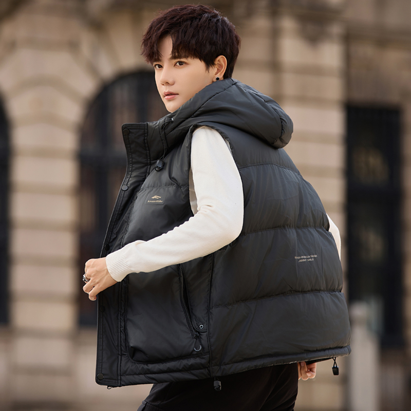 日系工装连帽大口袋羽绒马夹男士