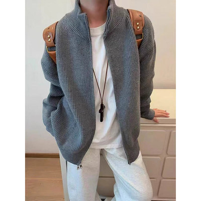 灰色内搭打底针织衫拉链开衫毛衣