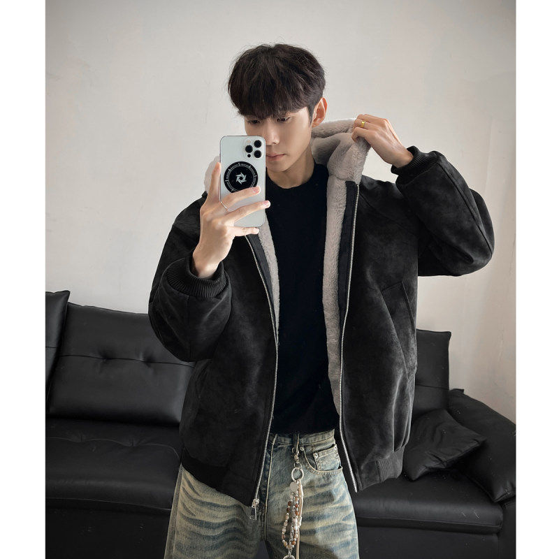 潮流黑色皮面加绒加厚男女棉服外套冬季美式重磅毛领短款夹克通勤