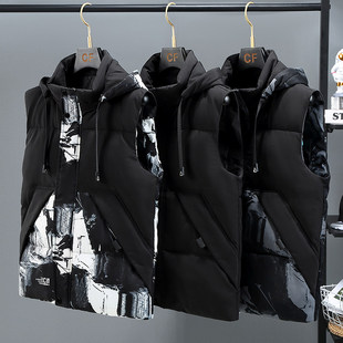 2025秋冬季新款男士棉带帽外穿保暖背心坎肩潮流纯色防寒马甲外套