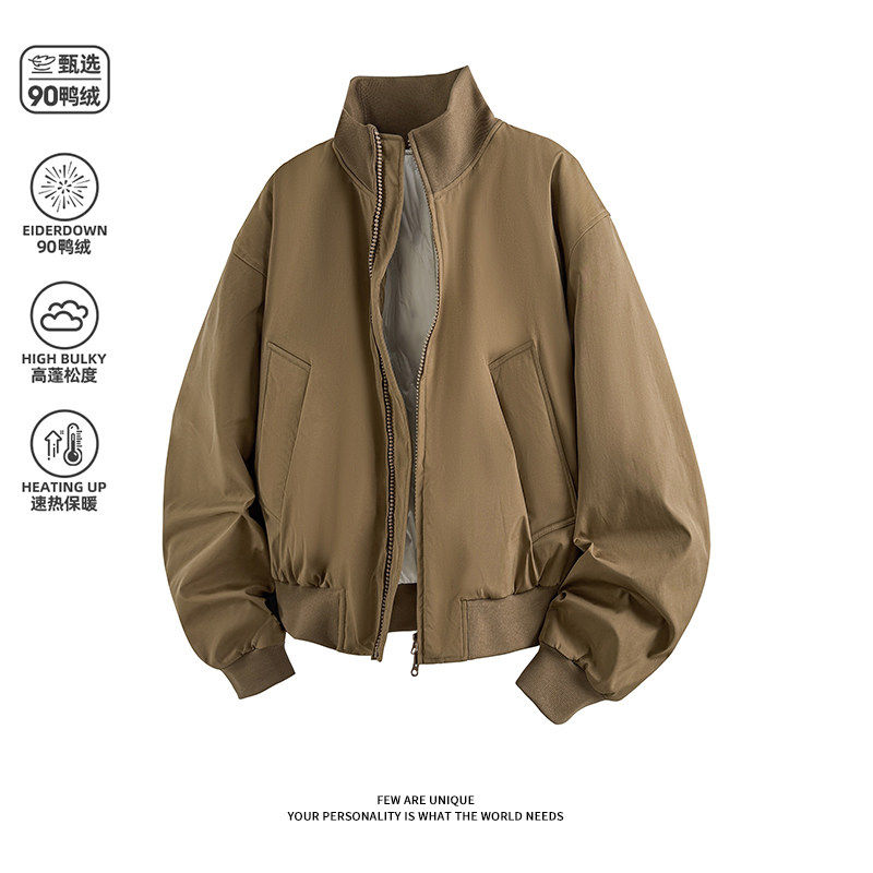 军绿色90白鸭绒羽绒服男款冬季美式飞行员夹克立领加厚棒球服外套