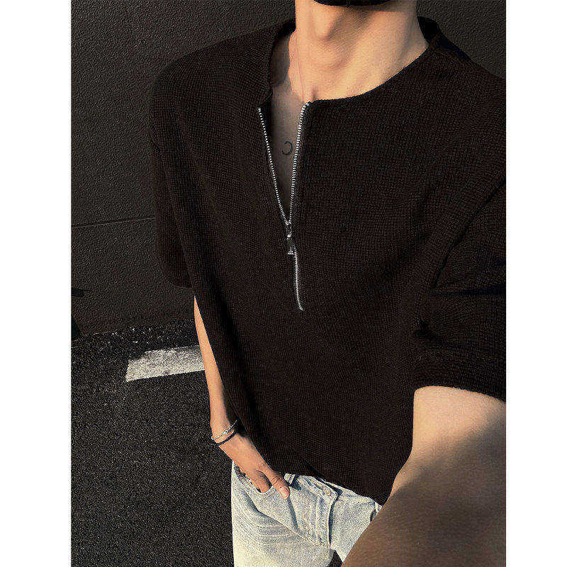 美式重磅潮流宽松华夫格半拉链亨利领短袖t恤男夏季港风半袖体恤