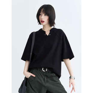 潮牌痞帅V领正肩T恤男春美式设计感小众短袖体恤纯色休闲凉感上衣